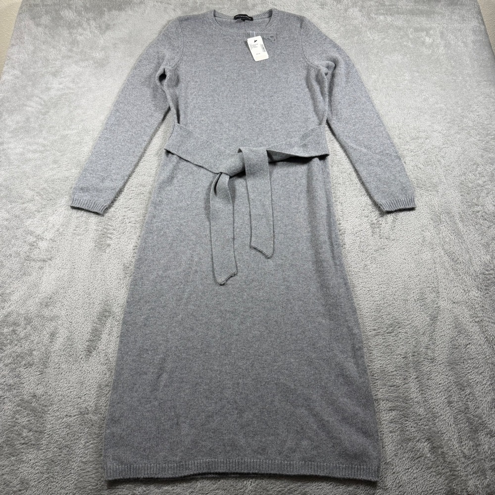 Saks Fifth Avenue Sweater Dress Women Small Gray Wool Blend Belted Long Sleeve